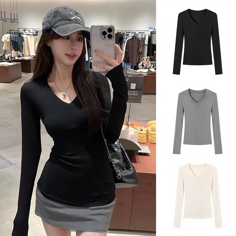 黑色正肩V领长袖T恤女辣妹纯欲基础款内搭秋季修身薄款打底衫上衣