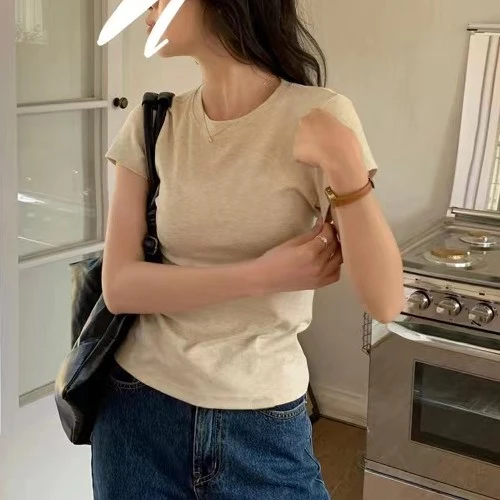 纯欲风正肩短袖T恤女夏季新款休闲百搭上衣修身显瘦基础款打底衫