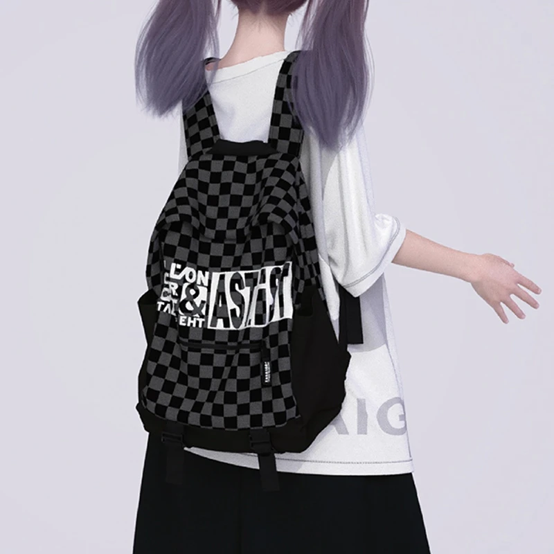 YONAIGA+原创韩系ins潮酷棋盘格男大容量电脑包背包双肩包书包女