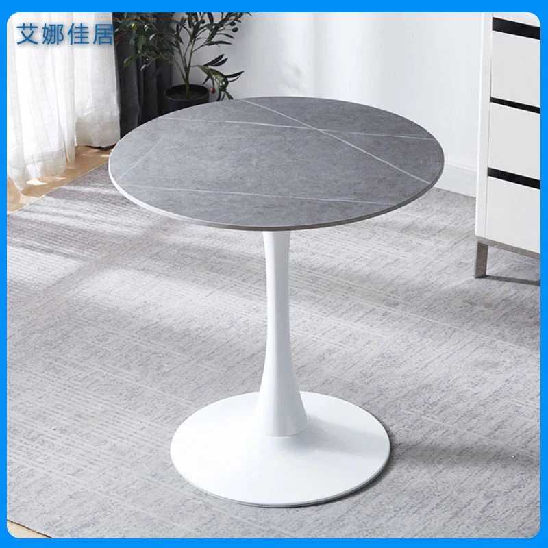 轻奢纯岩板圆桌雪山白劳伦黑纯白郁金香时尚茶桌阳台接待洽谈桌子