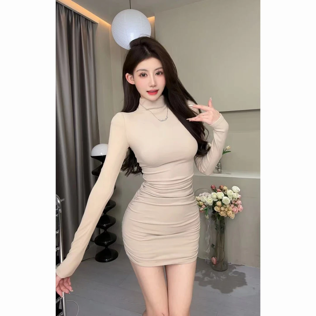 【宣林推荐】辣妹修身半高领长袖德绒连衣裙高级感包臀短裙60036