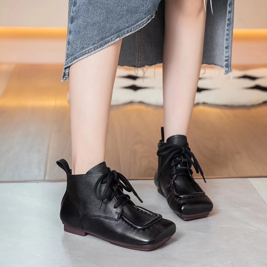 头层牛皮软底软皮短靴女秋冬新款复古真皮方头手工休闲马丁靴单靴