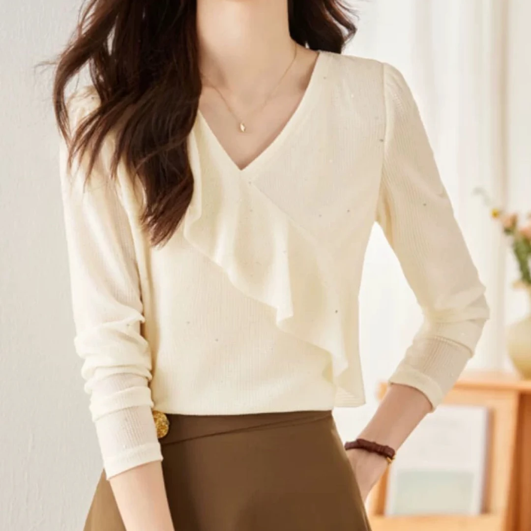 【新疆包邮】0265秋V领长袖网纱T恤衫女上衣小衫打底衫修身显瘦百搭