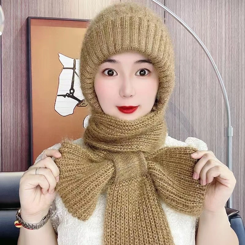 女士冬季新款菠萝纹松鼠绒双层针织加绒加厚围巾帽子一体风雪帽子