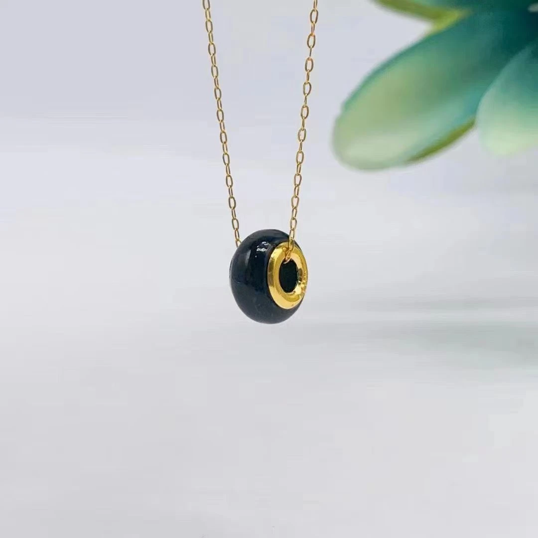 足金黄金镶嵌窄版和田墨玉路路通吊坠女 赠o字链子