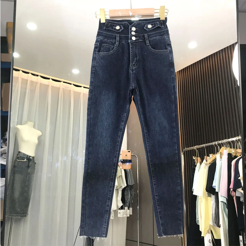 2024新款毛边牛仔裤女高腰小脚裤铅笔裤春秋显瘦时尚百搭修身弹力