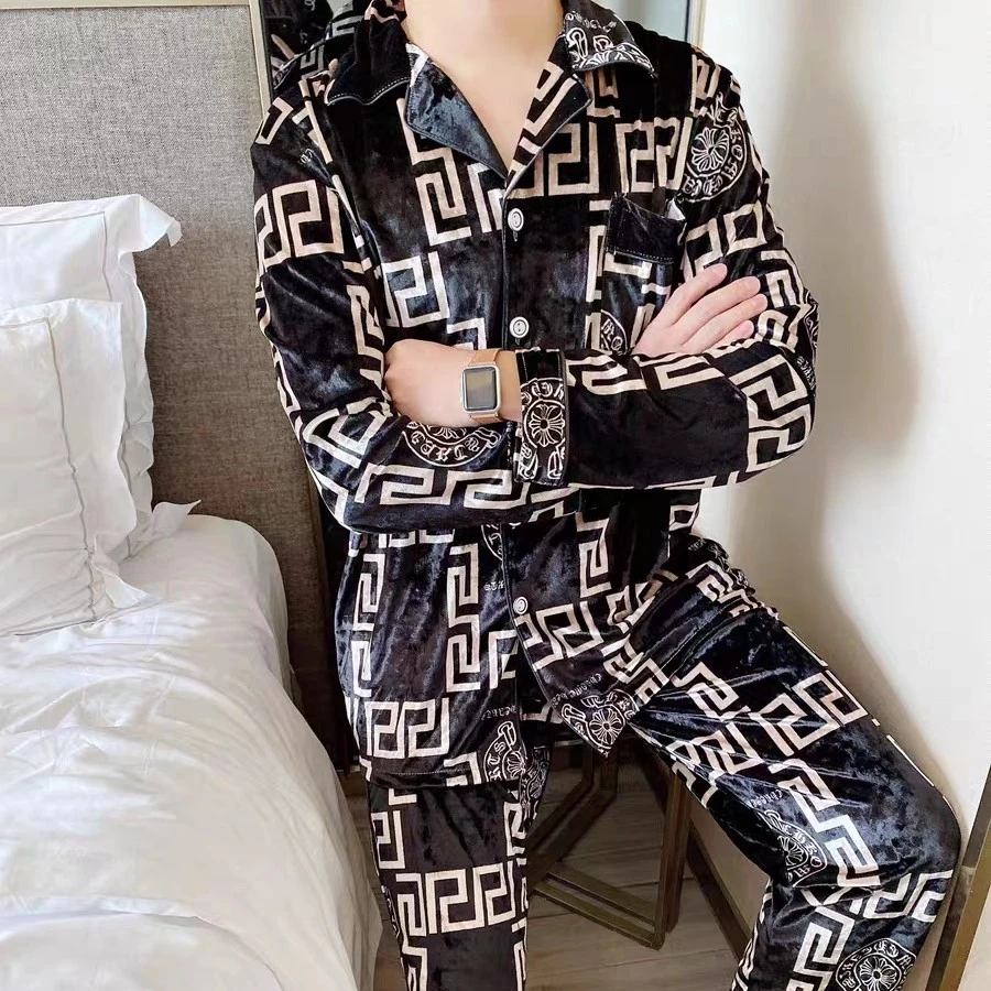 春秋冬季男士金丝绒轻奢时尚格子睡衣前扣翻领长袖家居服套装印花