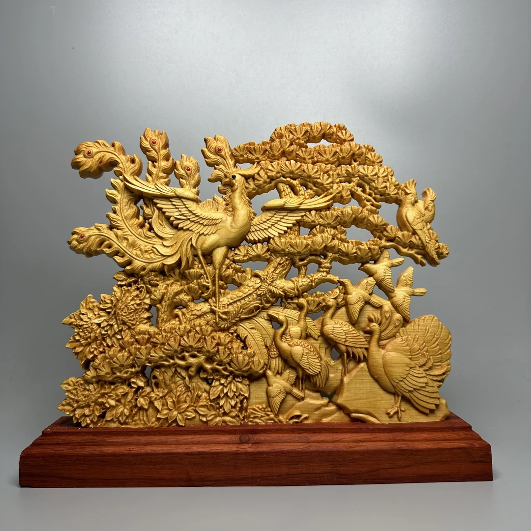 百鸟朝凤 太行柏木根雕木雕雕刻工艺品大气摆件 长度25高度20cm