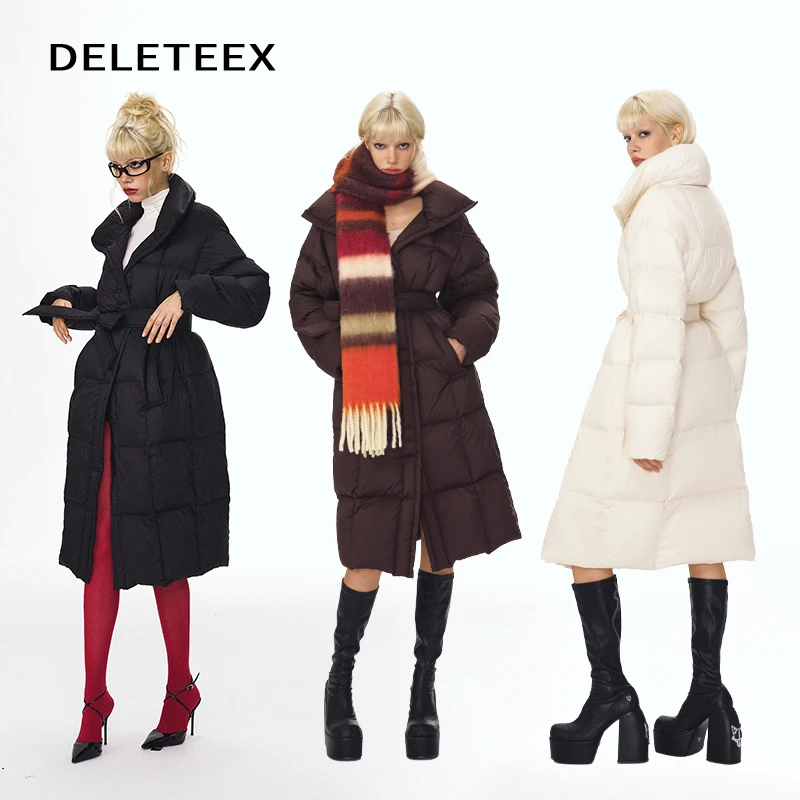 Deleteex名利场奢品高密度90白鹅绒长款系带优雅廓形收腰羽绒服
