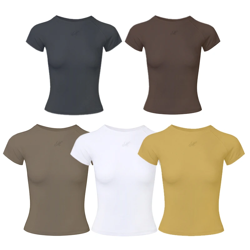 MAMRMAMR五色刺绣正肩短袖修身上衣夏