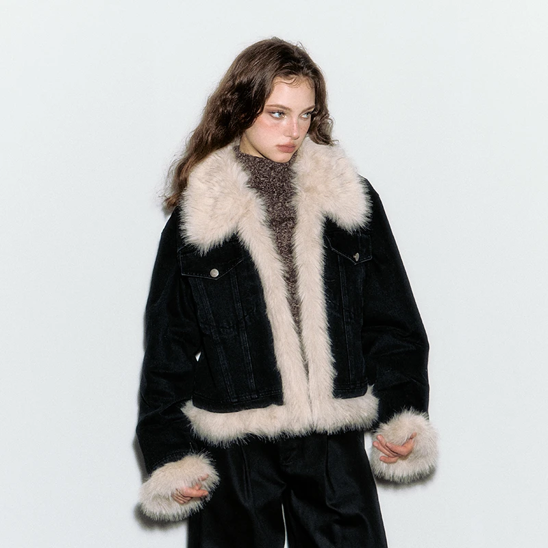 黑色短款冬季大毛领夹克复古牛仔外套秋冬辣妹高级感上衣女