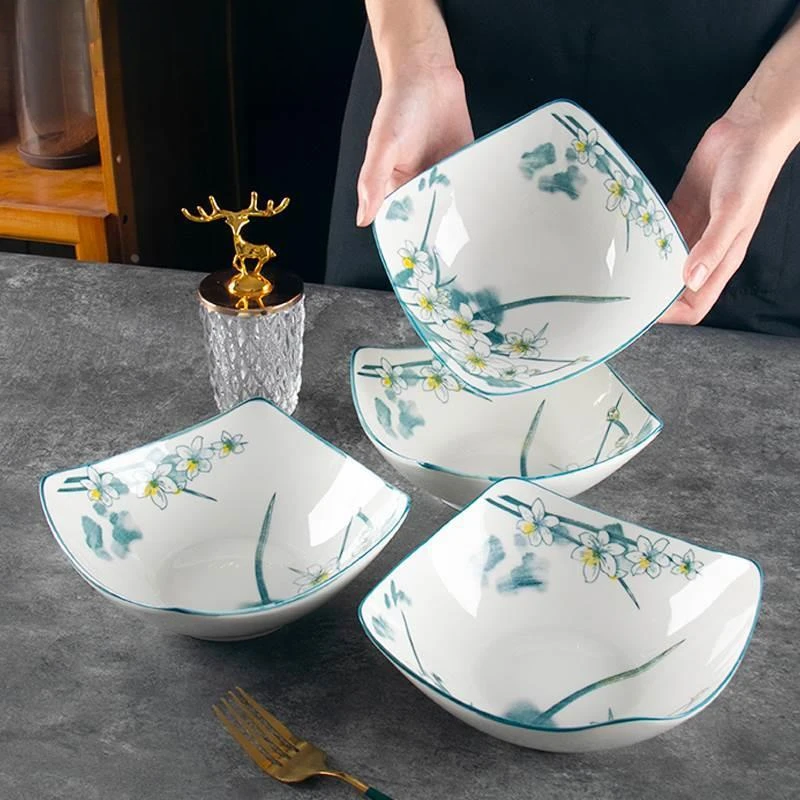 T水仙花四角盘子菜盘家用釉下彩简约陶瓷高级翘脚碗凉菜汤碗沙拉