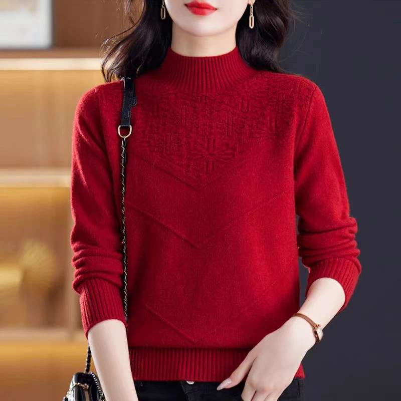 2024秋冬新款秋冬半高领毛衣宽松大码洋气纯色百搭针织打底衫