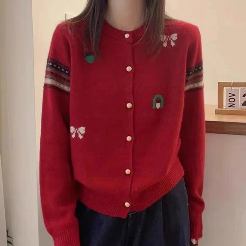 2024早秋新款圆领外穿针织开衫女宽松长袖单排扣上衣洋气百搭毛衣