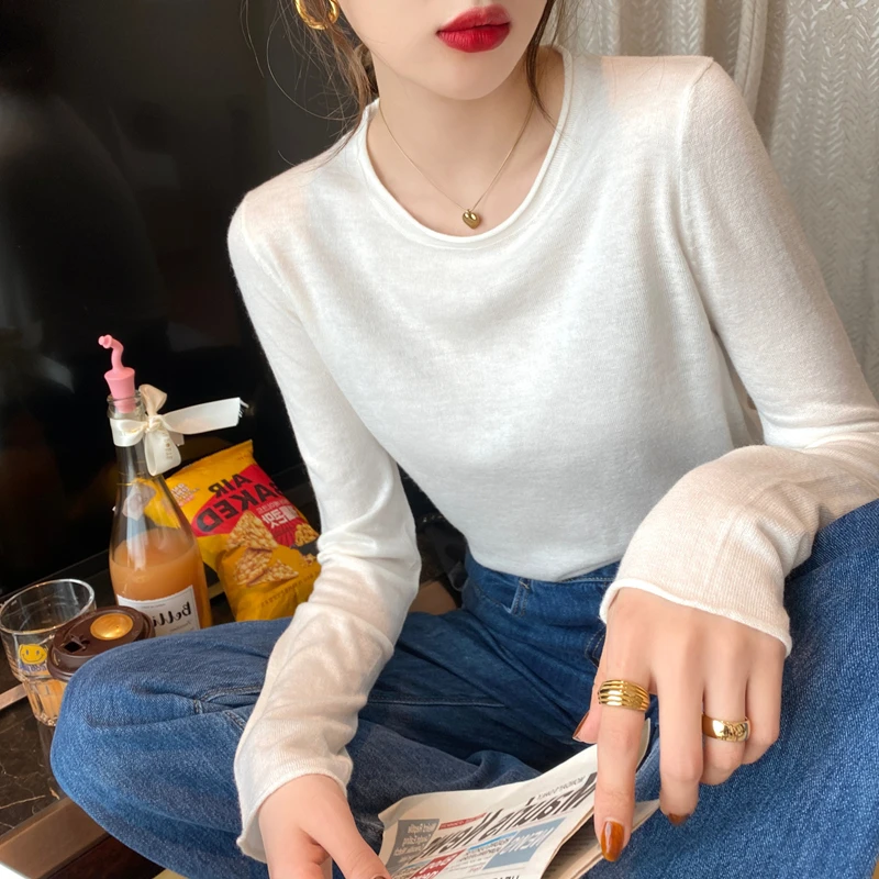 深惠南针织衫女早秋新款2024年爆款薄款毛衣内搭西装白色打底衫长