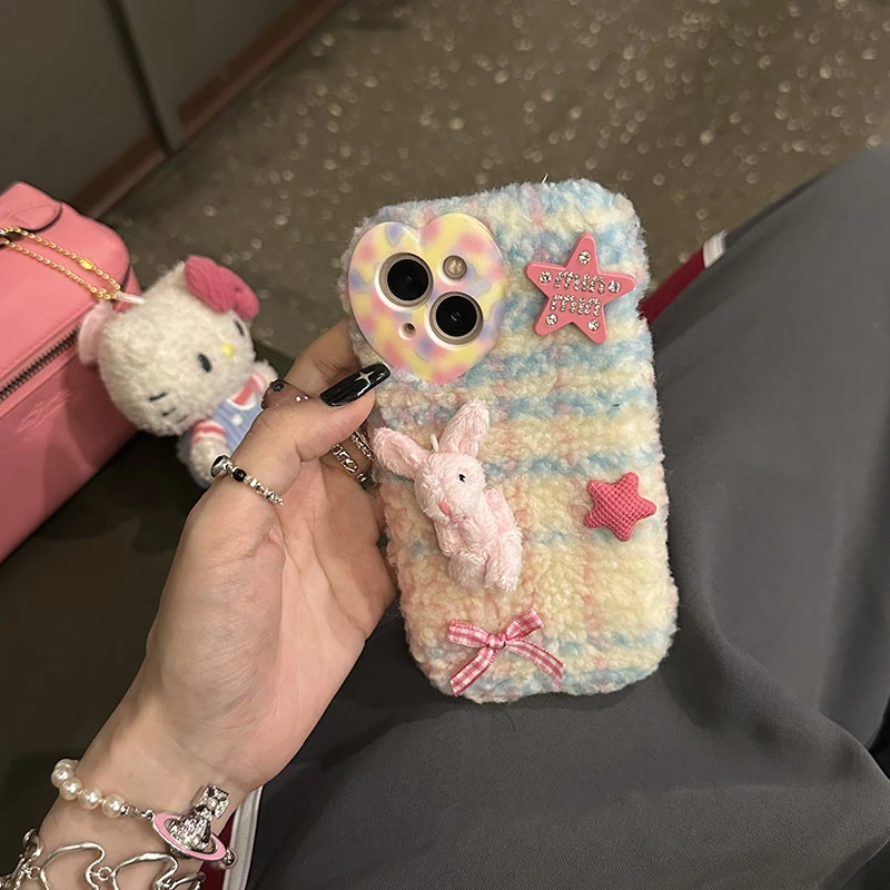 日韩毛绒可爱蝴蝶结少女兔兔适用苹果15iphone12手机壳14promax