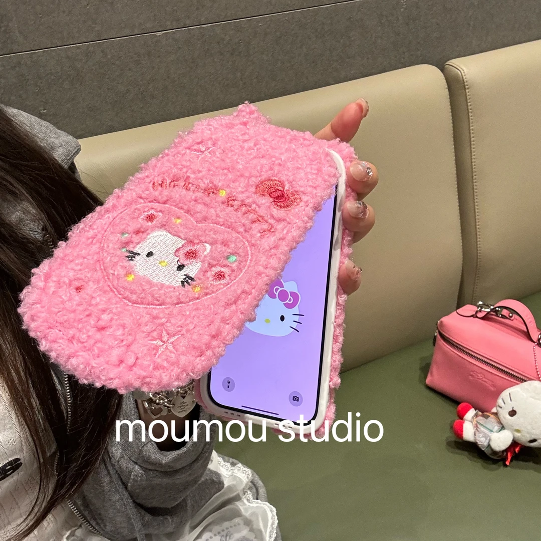 毛绒翻盖粉猫咪镜子适用于苹果16promax手机壳15保护套1413少女12