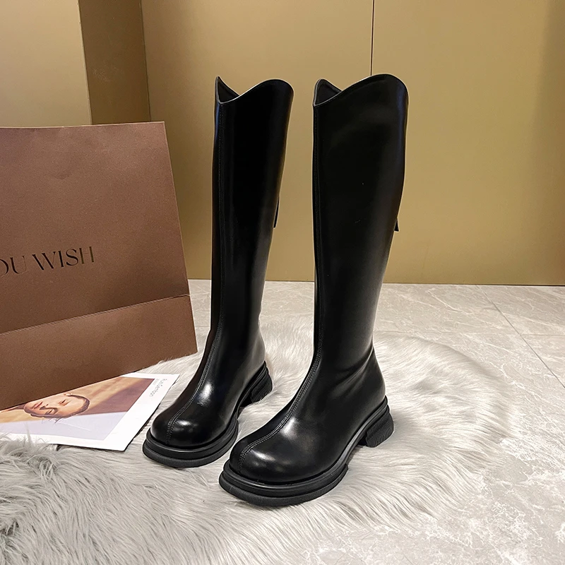 牛皮【诺一家加宽加肥大码女鞋】秋冬新款骑士靴弹力大筒围高筒靴女