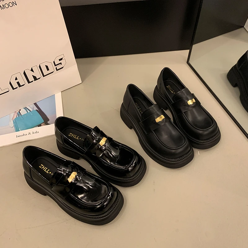 【诺一家加宽加肥大码女鞋】百搭厚底乐福鞋学院风金币小皮鞋英伦风