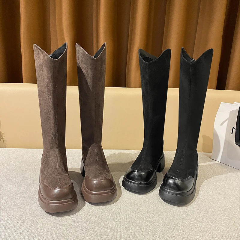【诺一家加宽加肥大码女鞋】秋冬骑士靴绒面不过膝长靴女加肥大筒围