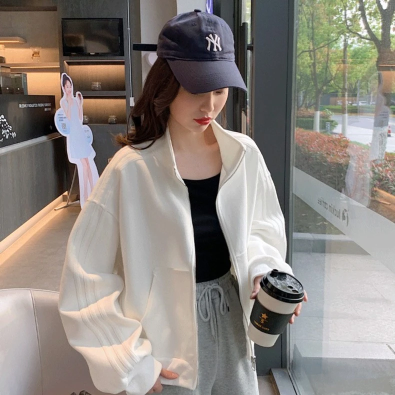 白色棒球服卫衣长袖拉链外套女2023春季百搭立领开衫休闲运动夹克