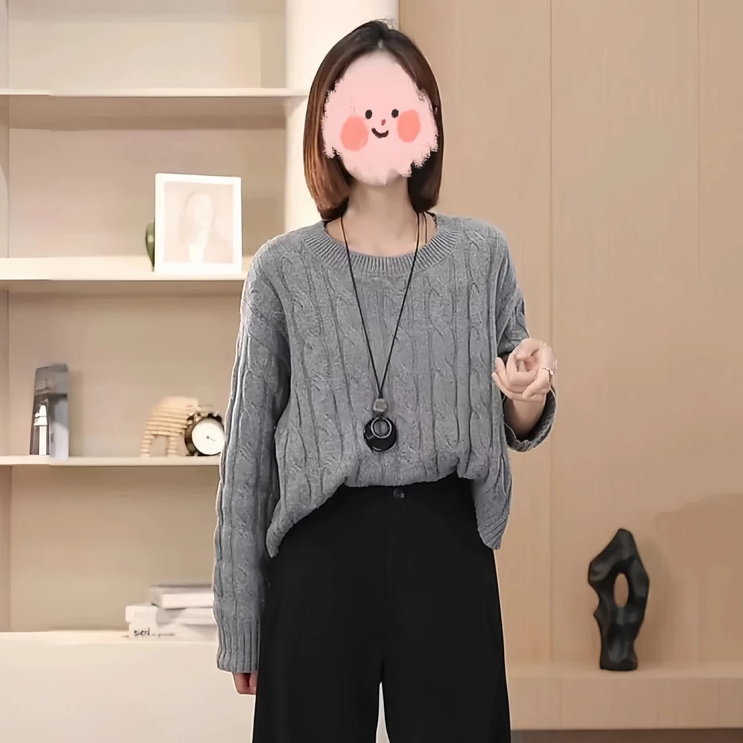 简约通勤套头休闲风穿搭2024秋冬新款圆领麻花毛衣