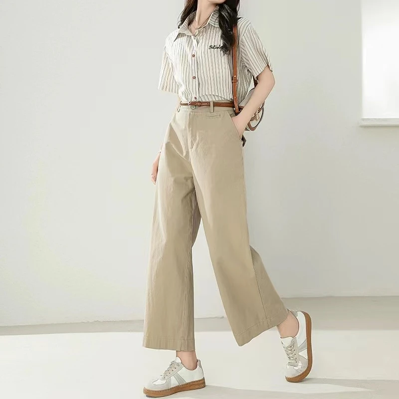 夏季时尚直筒休闲裤女2024中高腰送皮带100棉水洗九分阔腿裤S-001