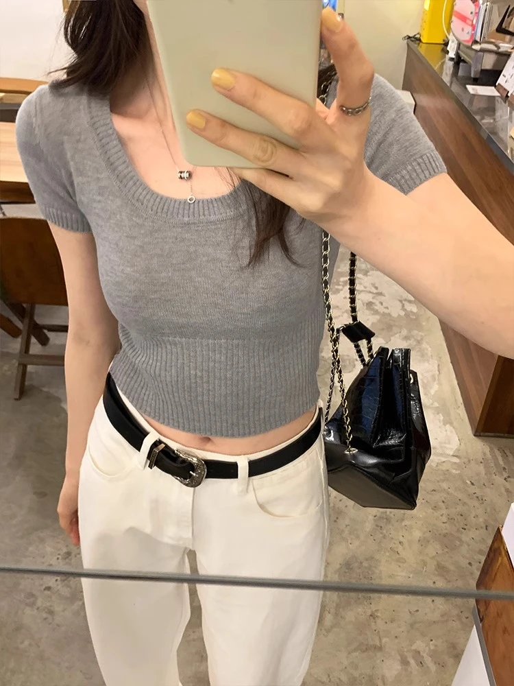 U领短袖针织衫女春夏季简约软糯薄款打底衫修身半袖上衣显瘦百搭