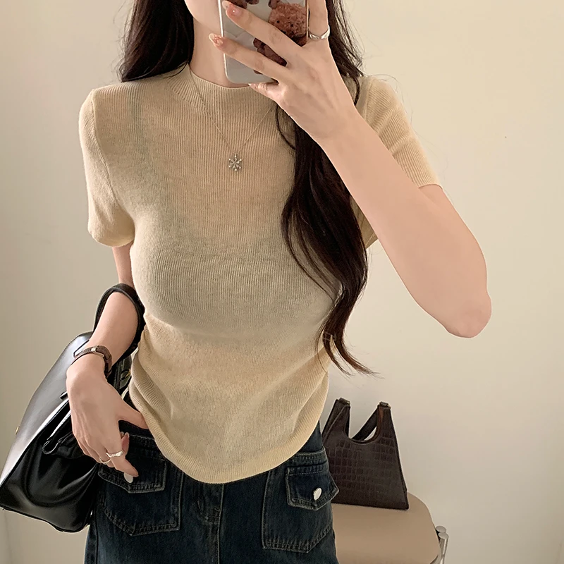 辣妹内搭正肩短袖女设计感小众褶皱打底衫夏季修身显瘦ins上衣