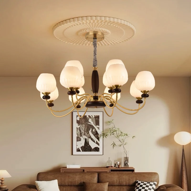 全铜中古风客厅吊灯黑胡桃实木餐厅轻奢新款大灯美式复古