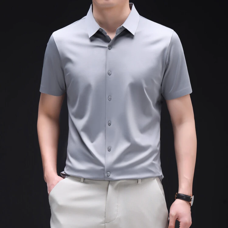 夏季高档男士纯色无痕弹力冰丝衬衫短袖职业工装薄款商务免烫衬衣