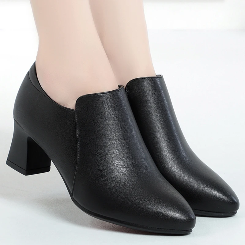 空姐久站粗跟深口加绒工作鞋女黑色工装职业上班女士皮鞋单鞋女鞋