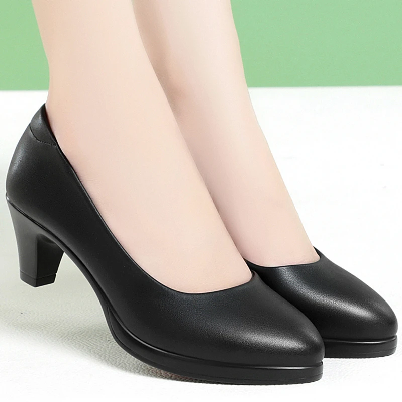 软底高跟防水台工作鞋女黑色工装面试职业上班皮鞋单鞋女鞋春秋季