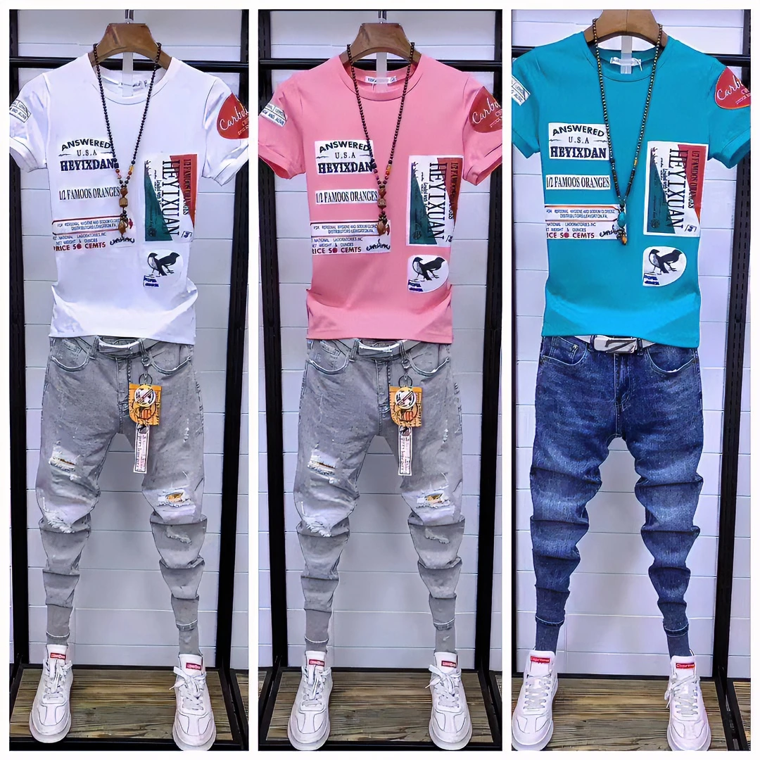 男士夏季新款时尚修身圆领半袖韩版帅气网红精神小伙贴标个性短袖