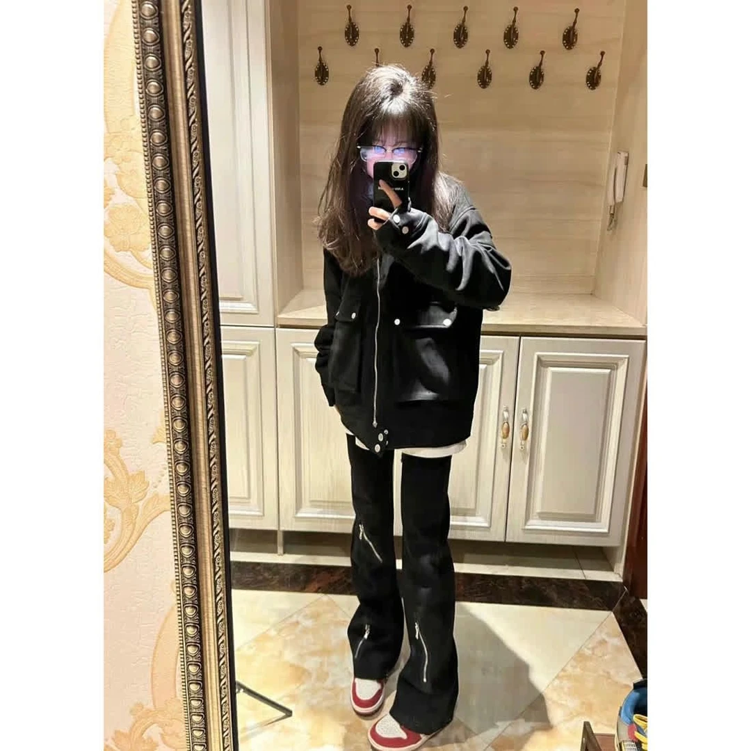 vibe风拉链设计感美式复古潮牌纯黑直筒宽松微喇叭牛仔裤男女同款