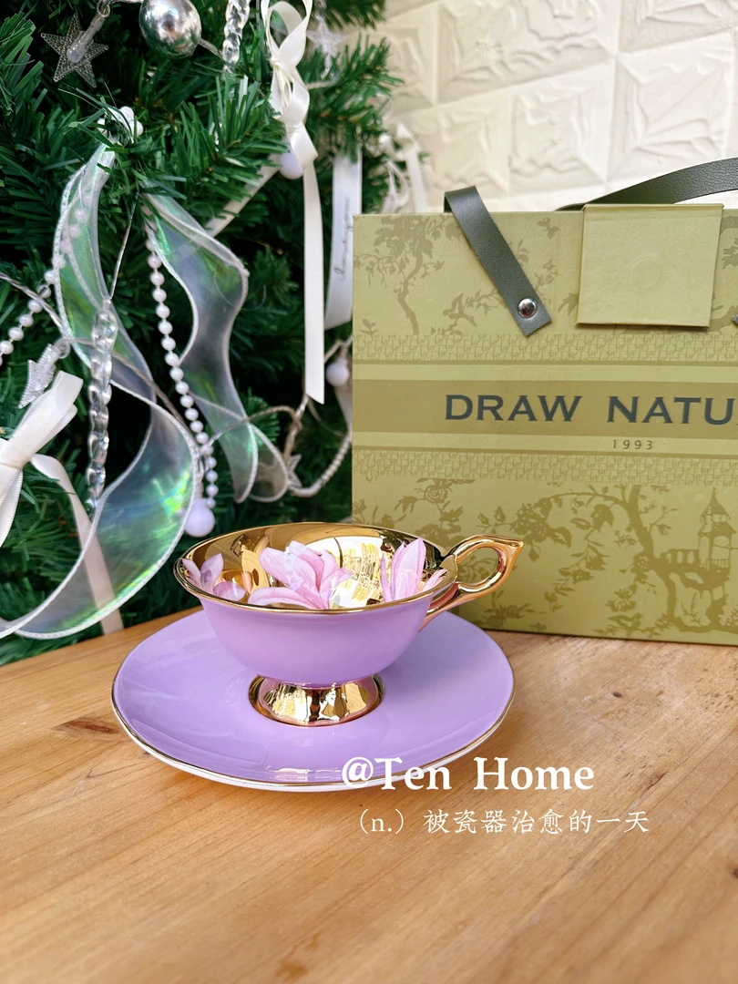 DRAW NATURAL/自然写生英鎏金玉兰花咖啡杯碟礼盒手工轻奢珐琅彩