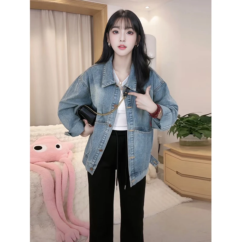 大口袋牛仔外套女春秋季韩系chic休闲宽松设计感港味复古夹克上衣