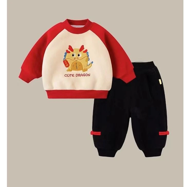 婴儿拜年服小龙半高领插肩套装加厚保暖冬装男童童装拜年服红儿童