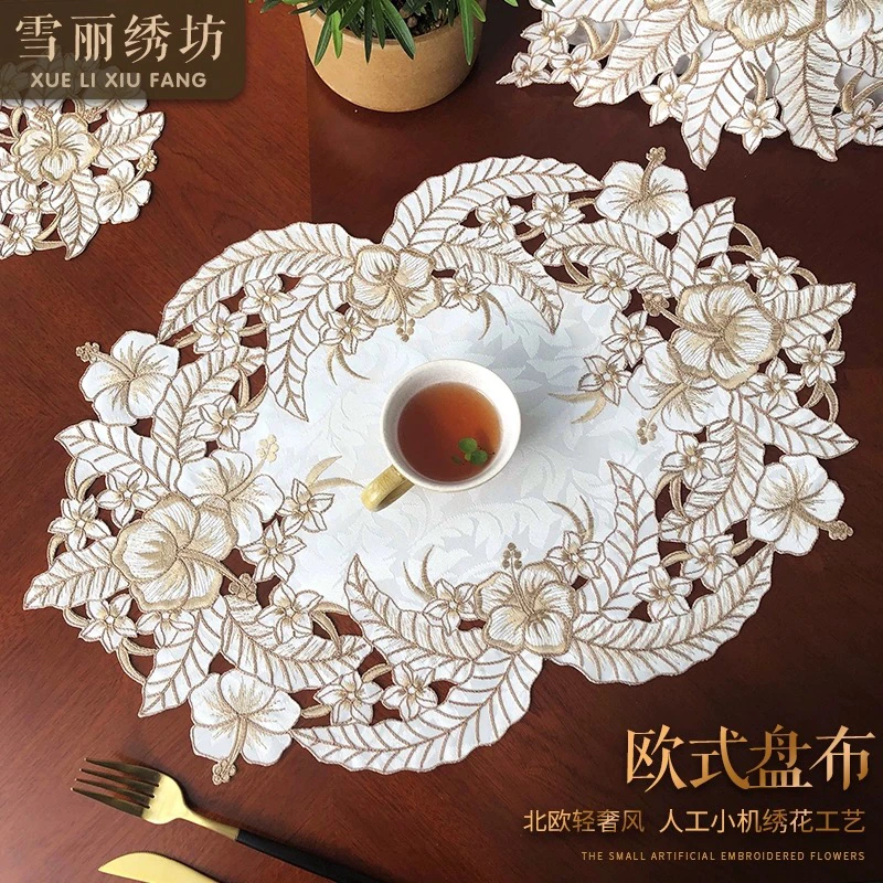 餐盘垫布艺刺绣北欧ins美式桌布床头柜烤箱多用防尘盖巾金色蔷薇