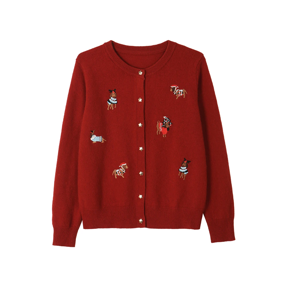 韩系圆领刺绣针织开衫女秋冬百搭减龄毛衣外套-81833