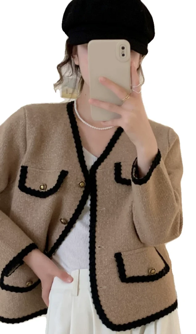 欧货韩系小香风撞色V领毛呢短外套女气质显瘦软糯针织开衫不起球