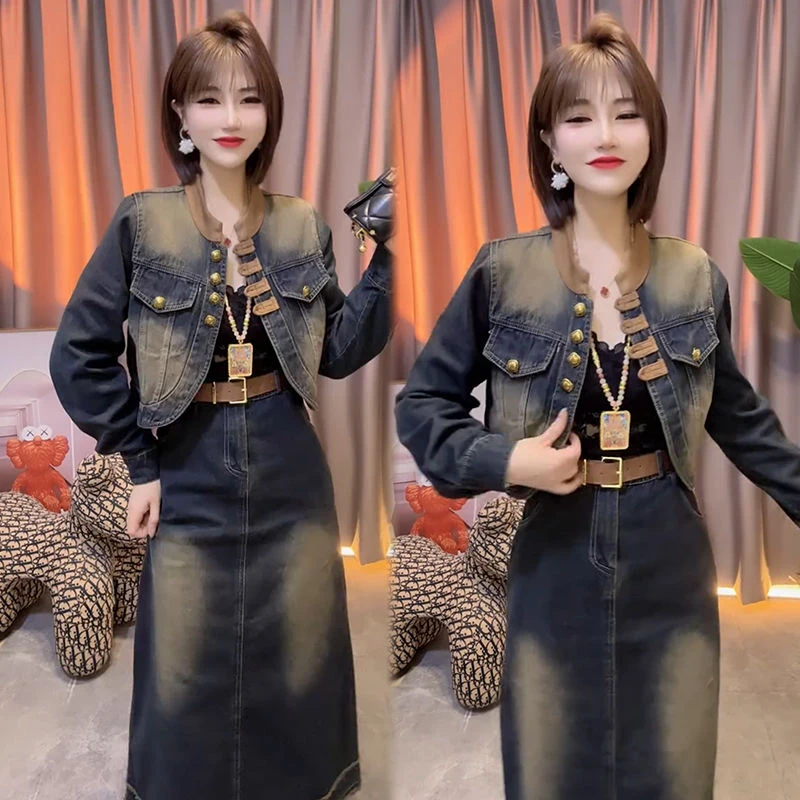 时尚牛仔套装女春复古外套洋气气质半身裙两件套宽松大码2025新款