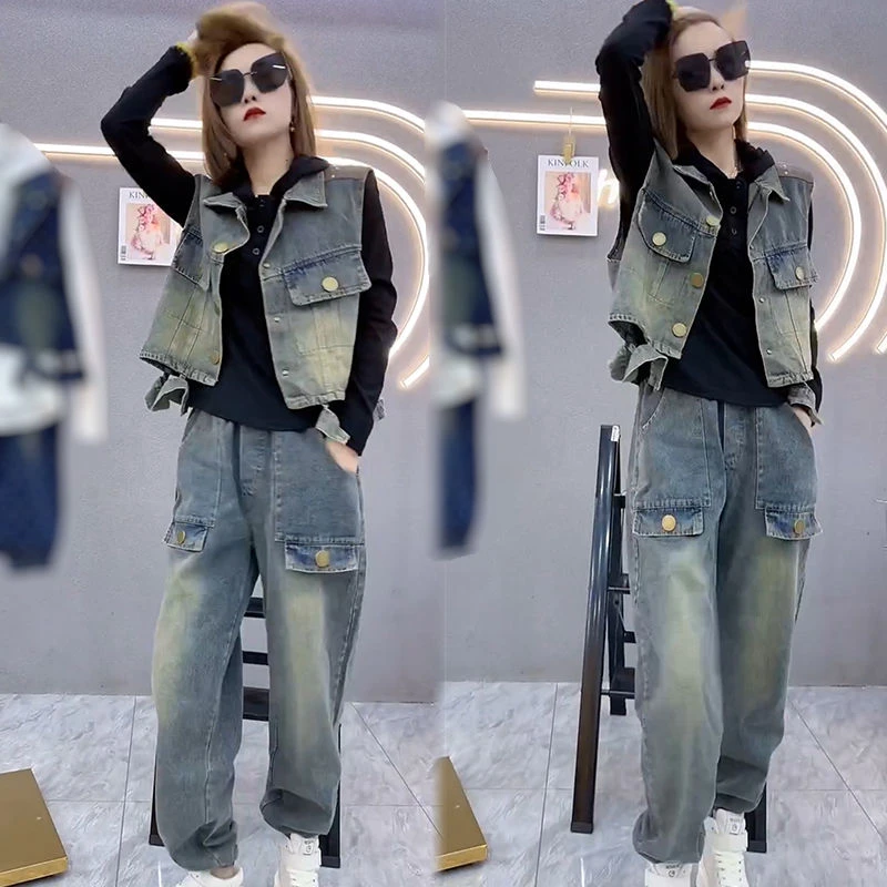 春季2025时尚牛仔套装女气质高档显瘦洋气网红宽松大码长袖三件套