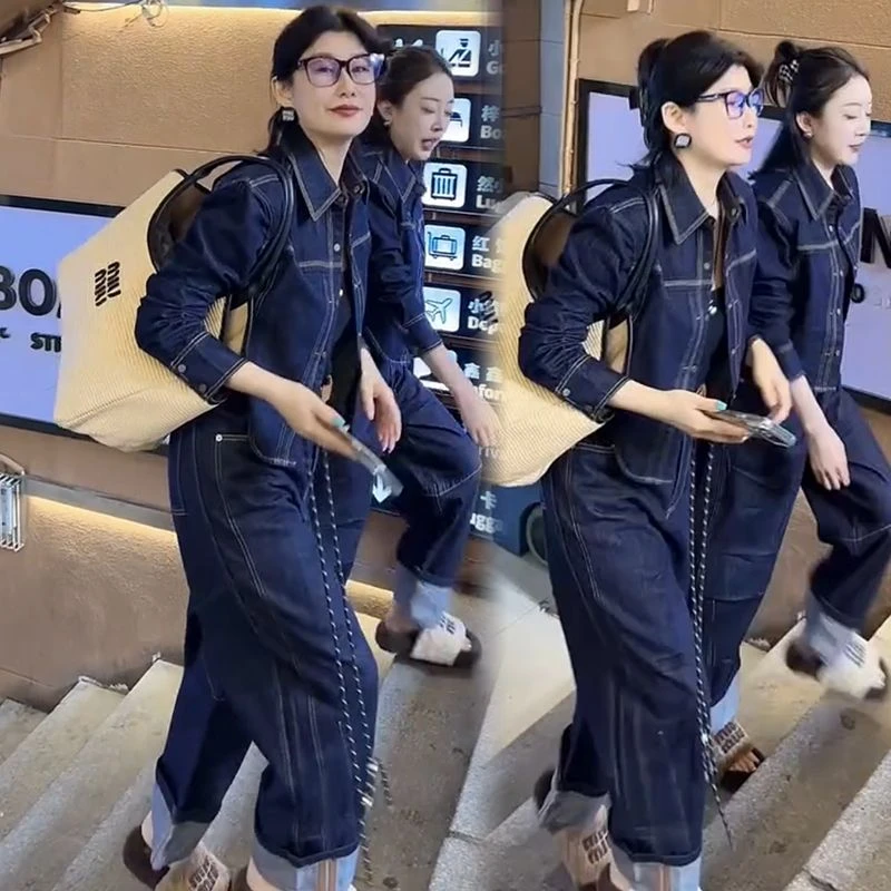 时尚气质牛仔套装女春季2025新款宽松大码遮肉网红ins风两件套潮