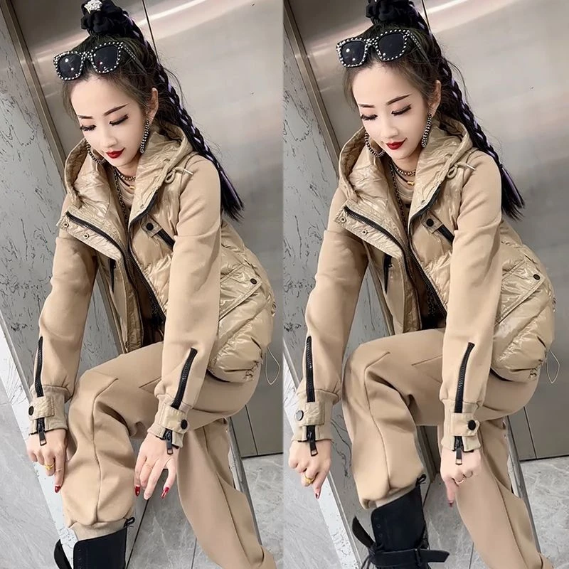 2024秋冬加绒加厚新款马甲卫衣套装女宽松气质大码遮肉简约三件套