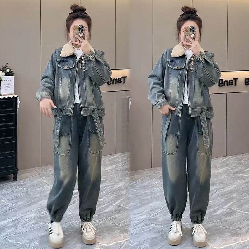 2024新款牛仔大码套装女秋冬季加绒加厚时尚韩版宽松洋气两件套潮