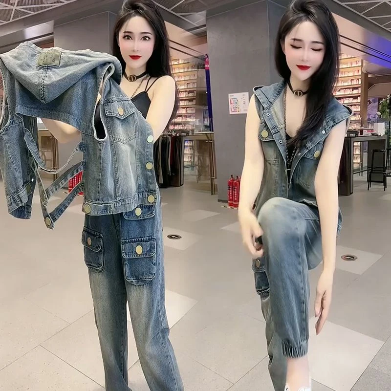 2025春季新款马甲时尚连帽牛仔套装女宽松大码气质网红显瘦两件套