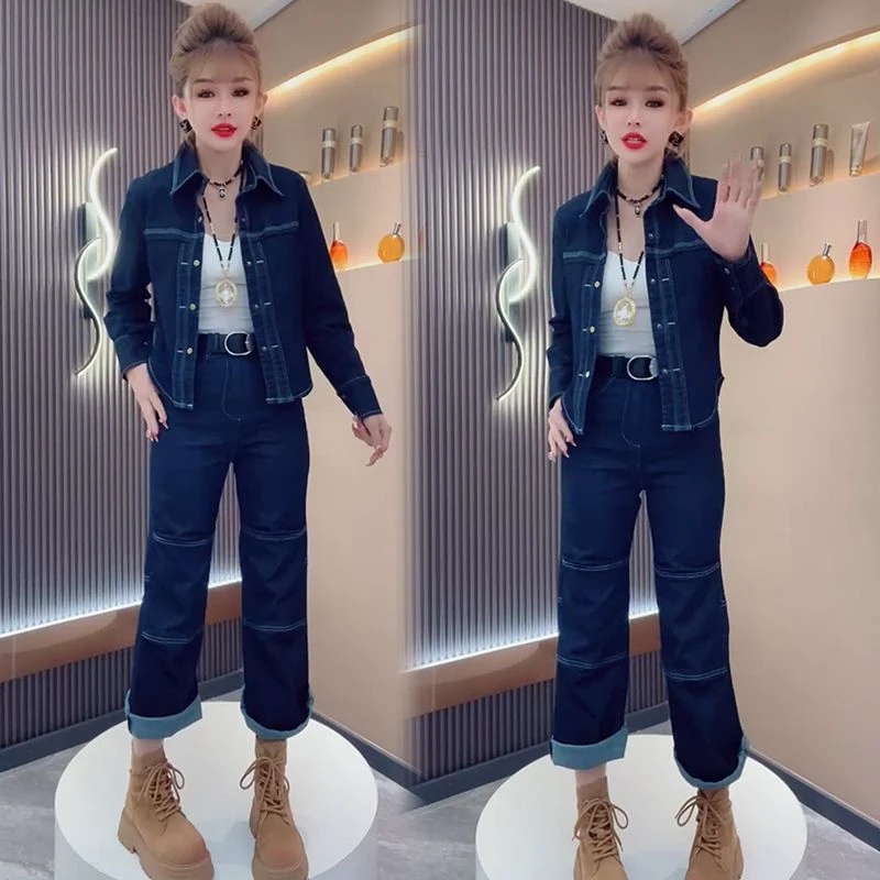时尚2025港风牛仔套装女春季新款宽松大码气质翻领显瘦韩版两件套
