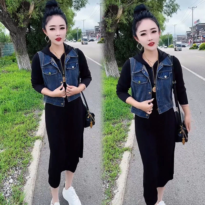 2025新款牛仔马甲长裙两件套女春时尚宽松大码洋气连帽连衣裙套装
