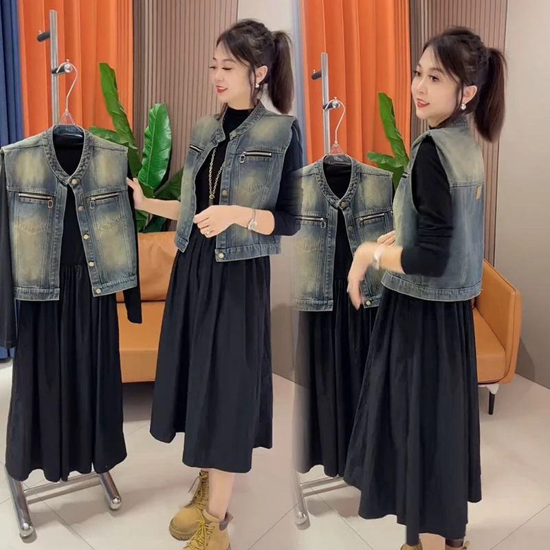 时尚牛仔马甲连衣裙套装女宽松大码2025春季新款韩版网红两件套潮